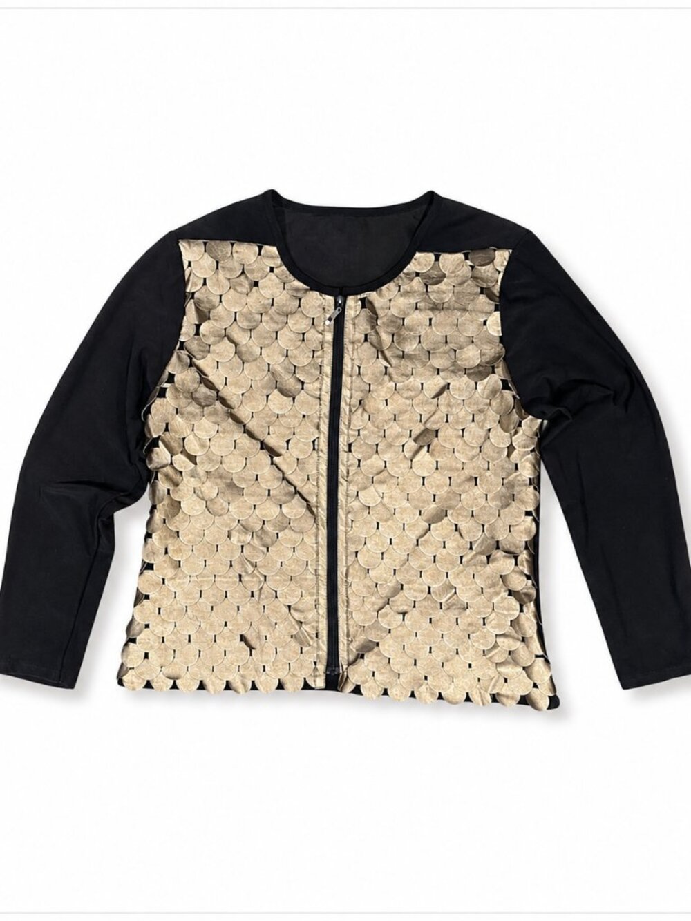 Metallic Gold Disc Jacket Women’s M Black Faux Leather Art to Wear Statement